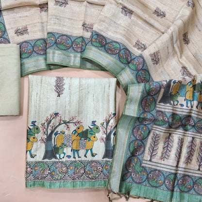Pastel Green premium tussar silk unstitched salwar material with madhubani prints all over with hand embroidery work (Lightweight, Lining Needed) Matching Santoon Bottom, Tussar silk digital printed dupatta. AG262708