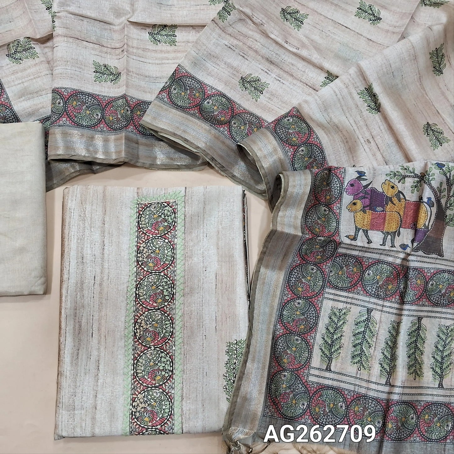 Rich Beige premium tussar silk unstitched salwar material with madhubani prints all over with hand embroidery work (Lightweight, Lining Needed) Matching Santoon Bottom, Tussar silk digital printed dupatta. AG262709