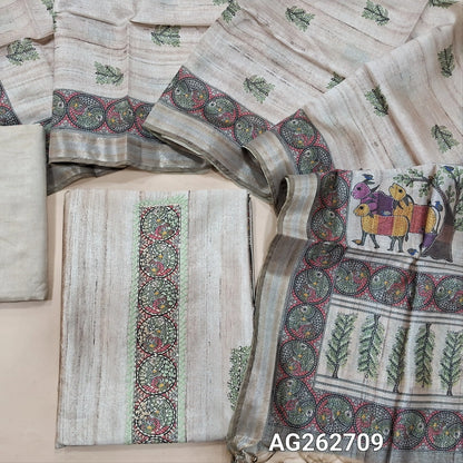 Rich Beige premium tussar silk unstitched salwar material with madhubani prints all over with hand embroidery work (Lightweight, Lining Needed) Matching Santoon Bottom, Tussar silk digital printed dupatta. AG262709