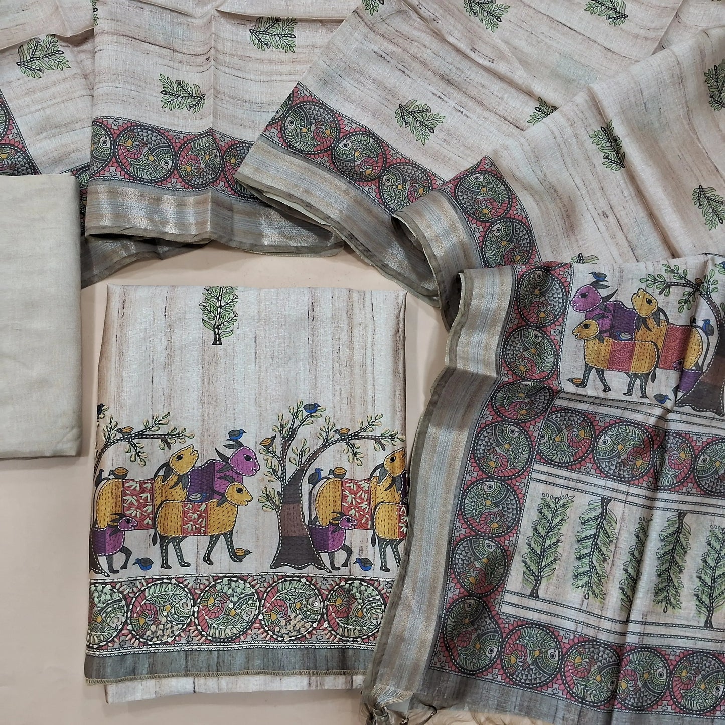 Rich Beige premium tussar silk unstitched salwar material with madhubani prints all over with hand embroidery work (Lightweight, Lining Needed) Matching Santoon Bottom, Tussar silk digital printed dupatta. AG262709