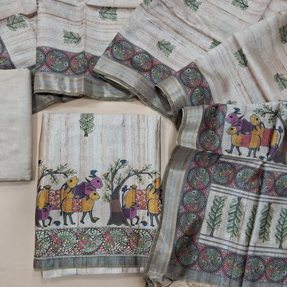 Rich Beige premium tussar silk unstitched salwar material with madhubani prints all over with hand embroidery work (Lightweight, Lining Needed) Matching Santoon Bottom, Tussar silk digital printed dupatta. AG262709