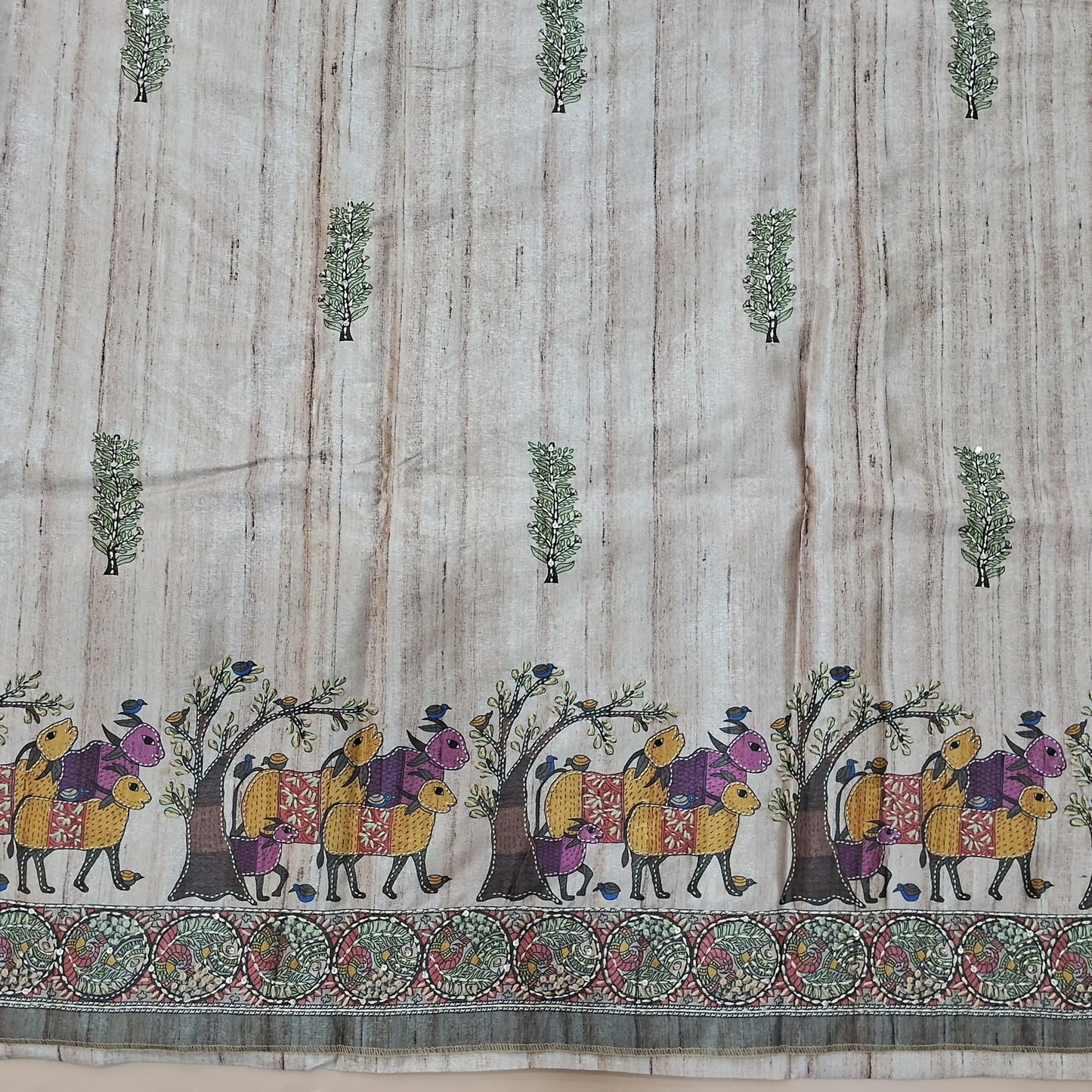 Rich Beige premium tussar silk unstitched salwar material with madhubani prints all over with hand embroidery work (Lightweight, Lining Needed) Matching Santoon Bottom, Tussar silk digital printed dupatta. AG262709