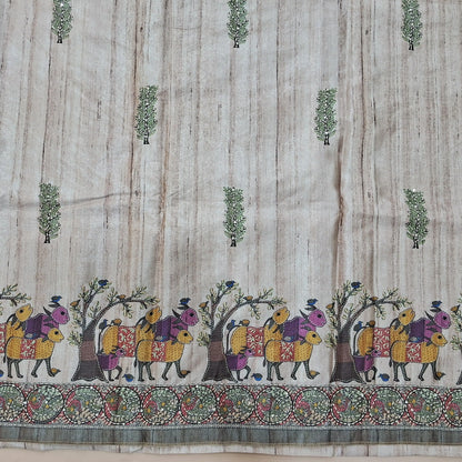Rich Beige premium tussar silk unstitched salwar material with madhubani prints all over with hand embroidery work (Lightweight, Lining Needed) Matching Santoon Bottom, Tussar silk digital printed dupatta. AG262709
