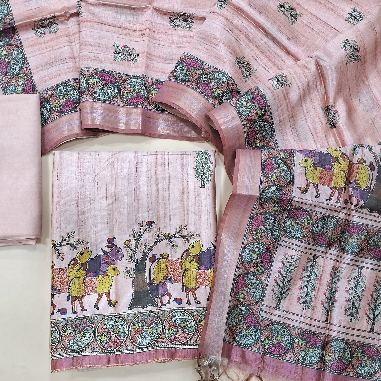 Pastel Pink premium tussar silk unstitched salwar material with madhubani prints all over with hand embroidery work (Lightweight, Lining Needed) Matching Santoon Bottom, Tussar silk digital printed dupatta. AG262706
