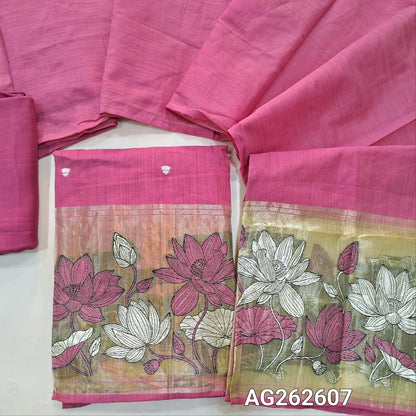 Dark Pink fancy silk cotton unstitched salwar material, gold tissue daman with embroidery and zari weaving, small zari buttas on front (Lining Needed) matching bottom, silk cotton dupatta with weaving on pallu. AG262607