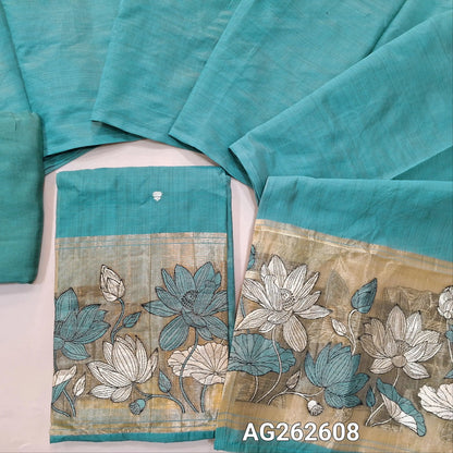Pastel Blue fancy silk cotton unstitched salwar material, gold tissue daman with embroidery and zari weaving, small zari buttas on front (Lining Needed) matching bottom, silk cotton dupatta with weaving on pallu. AG262608
