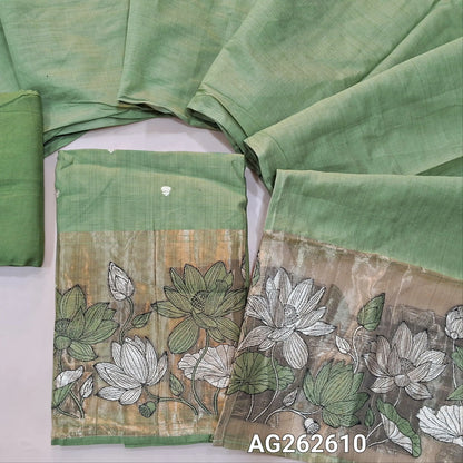 Sage green fancy silk cotton unstitched salwar material, gold tissue daman with embroidery and zari weaving, small zari buttas on front (Lining Needed) matching bottom, silk cotton dupatta with weaving on pallu. AG262610