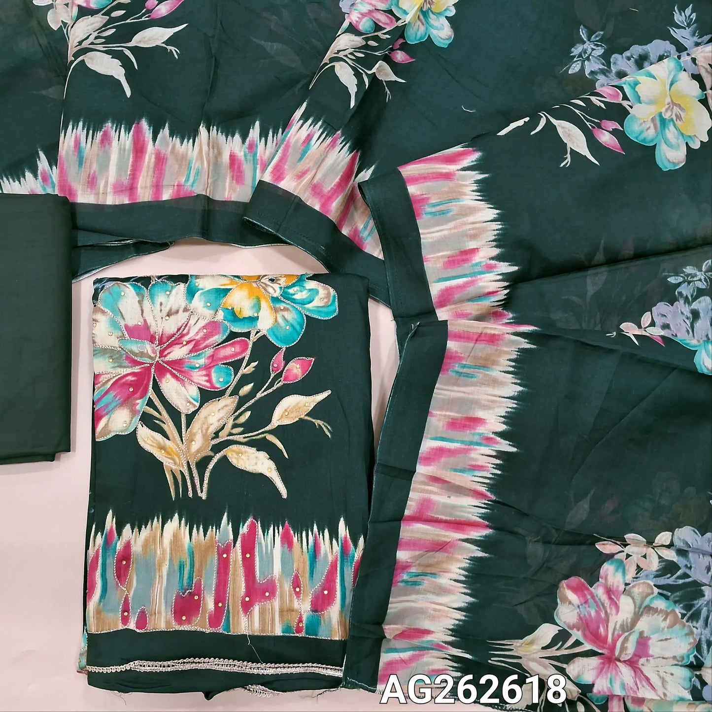 Dark Green digital printed satin cotton unstitched salwar material (lining optional) zari detailing on front, matching spun cotton bottom, digital printed mixed cotton dupatta. AG262618
