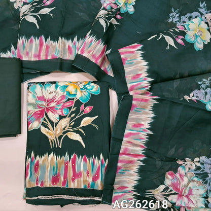 Dark Green digital printed satin cotton unstitched salwar material (lining optional) zari detailing on front, matching spun cotton bottom, digital printed mixed cotton dupatta. AG262618