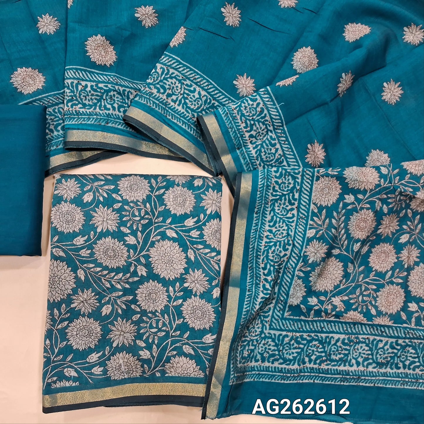 Teal Blue soft silk cotton digital printed unstitched salwar material (Soft, Lining Needed) Gold tissue daman, matching spun cotton bottom, digital printed soft silk cotton dupatta with borders. AG262612