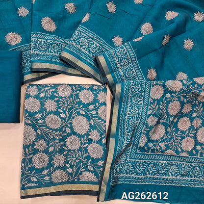 Teal Blue soft silk cotton digital printed unstitched salwar material (Soft, Lining Needed) Gold tissue daman, matching spun cotton bottom, digital printed soft silk cotton dupatta with borders. AG262612