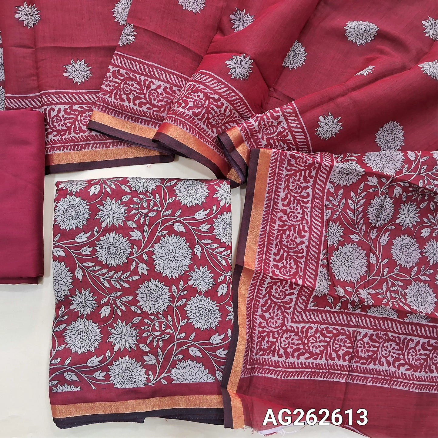 Reddish Maroon soft silk cotton digital printed unstitched salwar material (Soft, Lining Needed) Gold tissue daman, matching spun cotton bottom, digital printed soft silk cotton dupatta with borders. AG262613