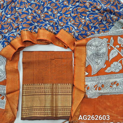 Rust Orange pure mangalgiri silk unstitched salwar material, rich gold zari woven borders (Lining Needed) NO BOTTOM, pen kalamkari chennuri silk dupatta with nizam borders. INCONSITENCY IN DYES AND STAINS ARE NOT DEFECTS.. AG262603