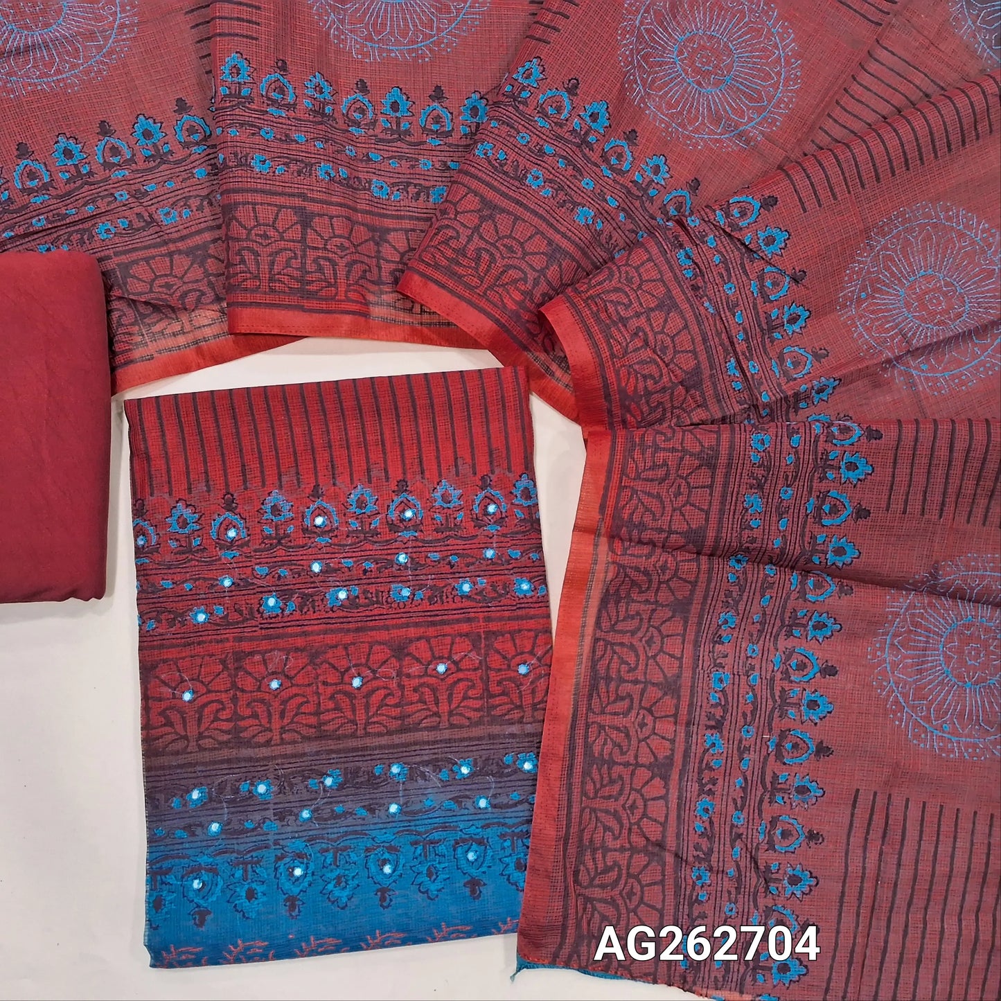 Teal Blue and Red handblock printed kota cotton dual shaded unstitched salwar material, faux mirror and embroidery on yoke (Lightweight,Lining Needed)Matching spun cotton bottom, dual shaded handblock dupatta. AG262704