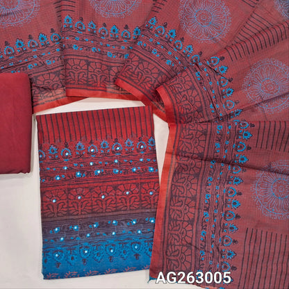 Teal Blue and Red handblock printed kota cotton dual shaded unstitched salwar material, faux mirror and embroidery on yoke (Lightweight,Lining Needed)Matching spun cotton bottom, dual shaded handblock dupatta. AG263004