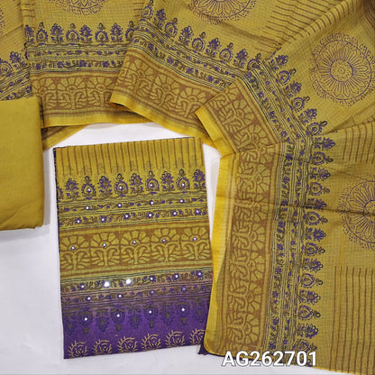 Purple and Yellow handblock printed kota cotton dual shaded unstitched salwar material, faux mirror and embroidery on yoke (Lightweight,Lining Needed)Matching spun cotton bottom, dual shaded handblock dupatta. AG262701