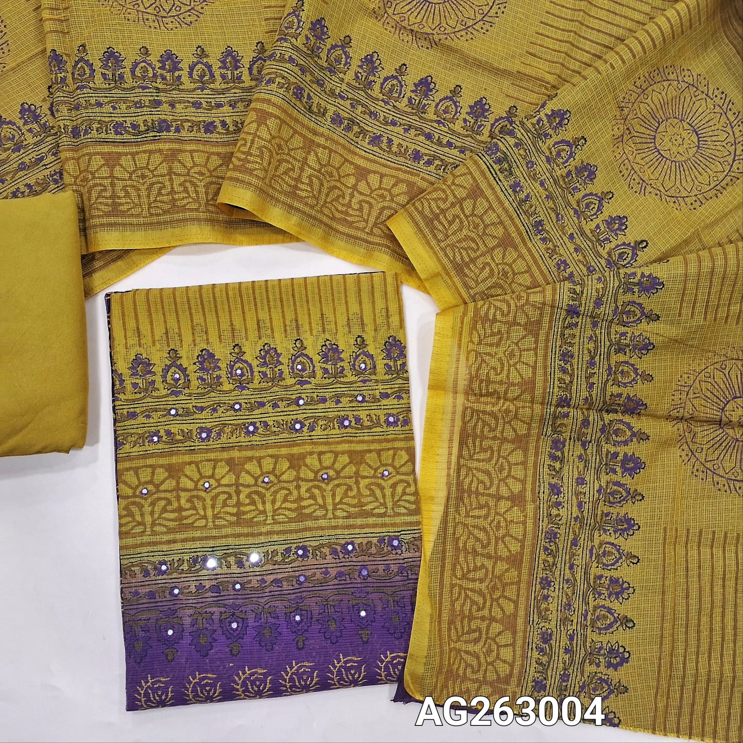 Purple and Mehandhi Green handblock printed kota cotton dual shaded unstitched salwar material, faux mirror and embroidery on yoke (Lightweight,Lining Needed)Matching spun cotton bottom, dual shaded handblock dupatta. AG263004