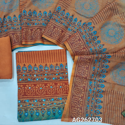 Teal Green and Orange handblock printed kota cotton dual shaded unstitched salwar material, faux mirror and embroidery on yoke (Lightweight,Lining Needed)Matching spun cotton bottom, dual shaded handblock dupatta. AG262702