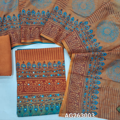 Teal Blue and Orange handblock printed kota cotton dual shaded unstitched salwar material, faux mirror and embroidery on yoke (Lightweight,Lining Needed)Matching spun cotton bottom, dual shaded handblock dupatta. AG263003