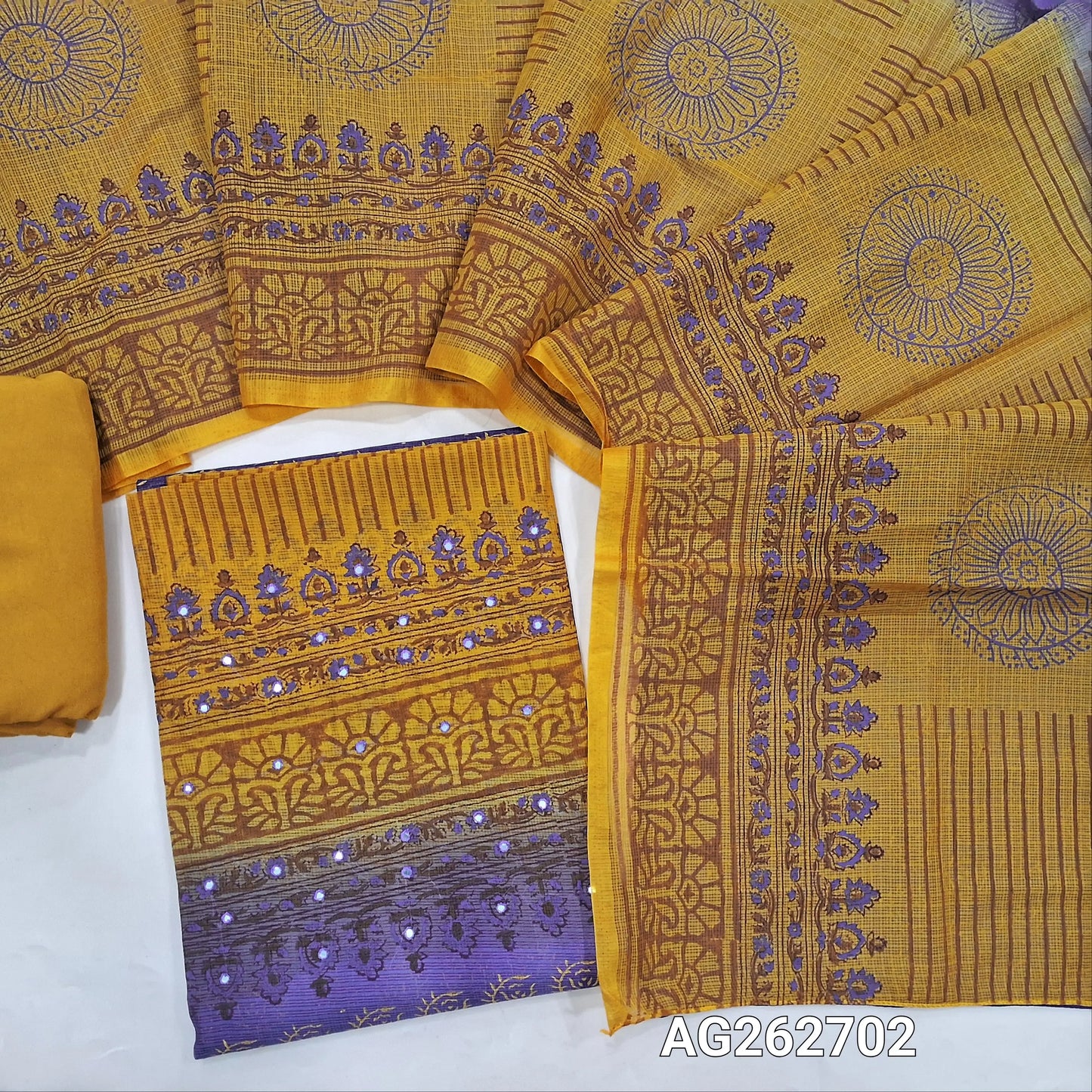 Purple and Mehandhi Green handblock printed kota cotton dual shaded unstitched salwar material, faux mirror and embroidery on yoke (Lightweight,Lining Needed)Matching spun cotton bottom, dual shaded handblock dupatta. AG262703