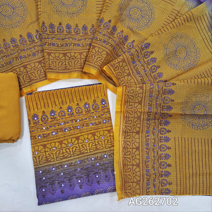 Purple and Mehandhi Green handblock printed kota cotton dual shaded unstitched salwar material, faux mirror and embroidery on yoke (Lightweight,Lining Needed)Matching spun cotton bottom, dual shaded handblock dupatta. AG262703