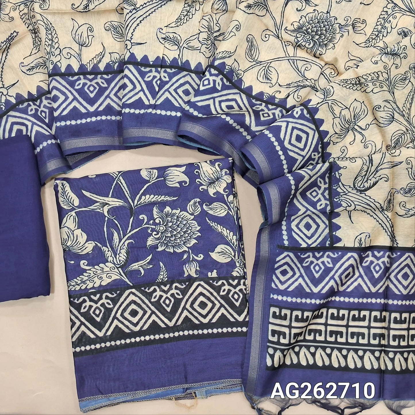 Royal Blue digital printed premium chanderi silk cotton unstitched salwar material (Lightweight, Lining Needed) thin tissue borders, matching santoon bottom, digital printed chanderi silk cotton dupatta. AG262710