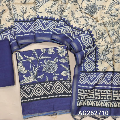 Royal Blue digital printed premium chanderi silk cotton unstitched salwar material (Lightweight, Lining Needed) thin tissue borders, matching santoon bottom, digital printed chanderi silk cotton dupatta. AG262710