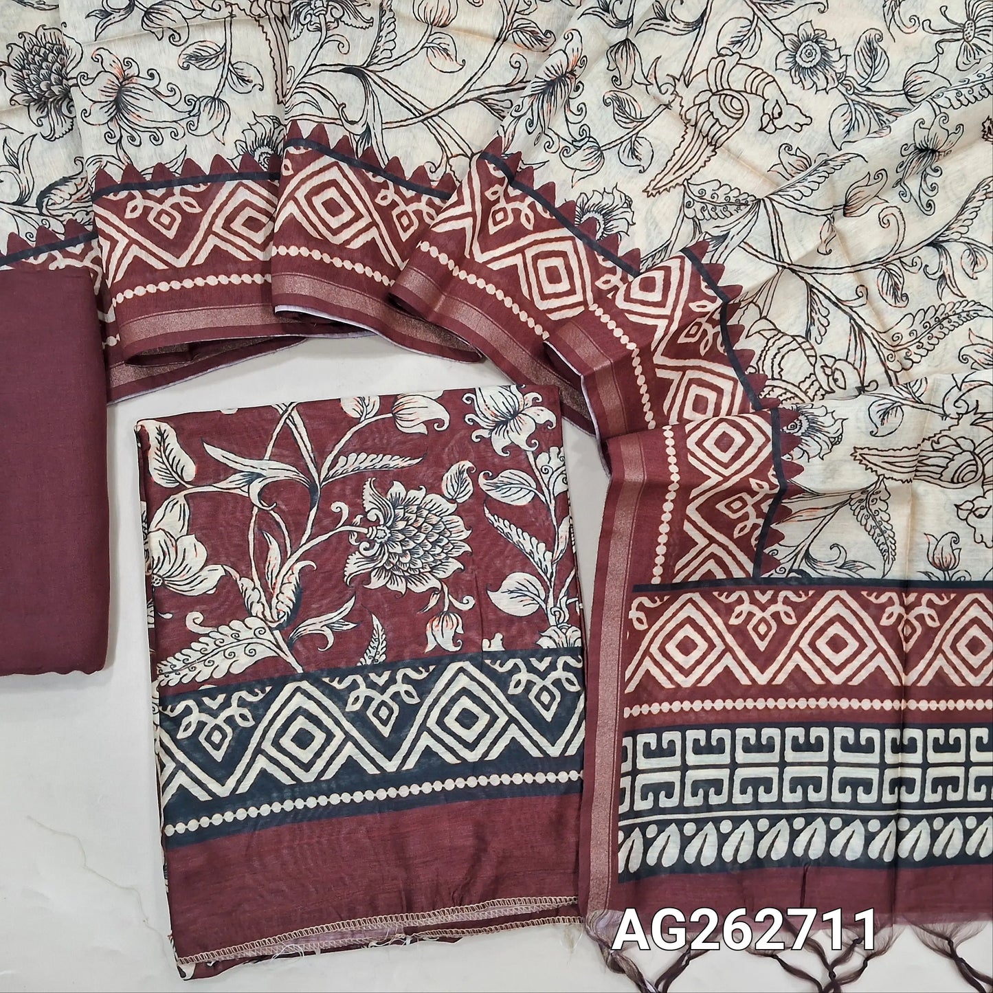 Dark Maroon digital printed premium chanderi silk cotton unstitched salwar material (Lightweight, Lining Needed) thin tissue borders, matching santoon bottom, digital printed chanderi silk cotton dupatta. AG262711