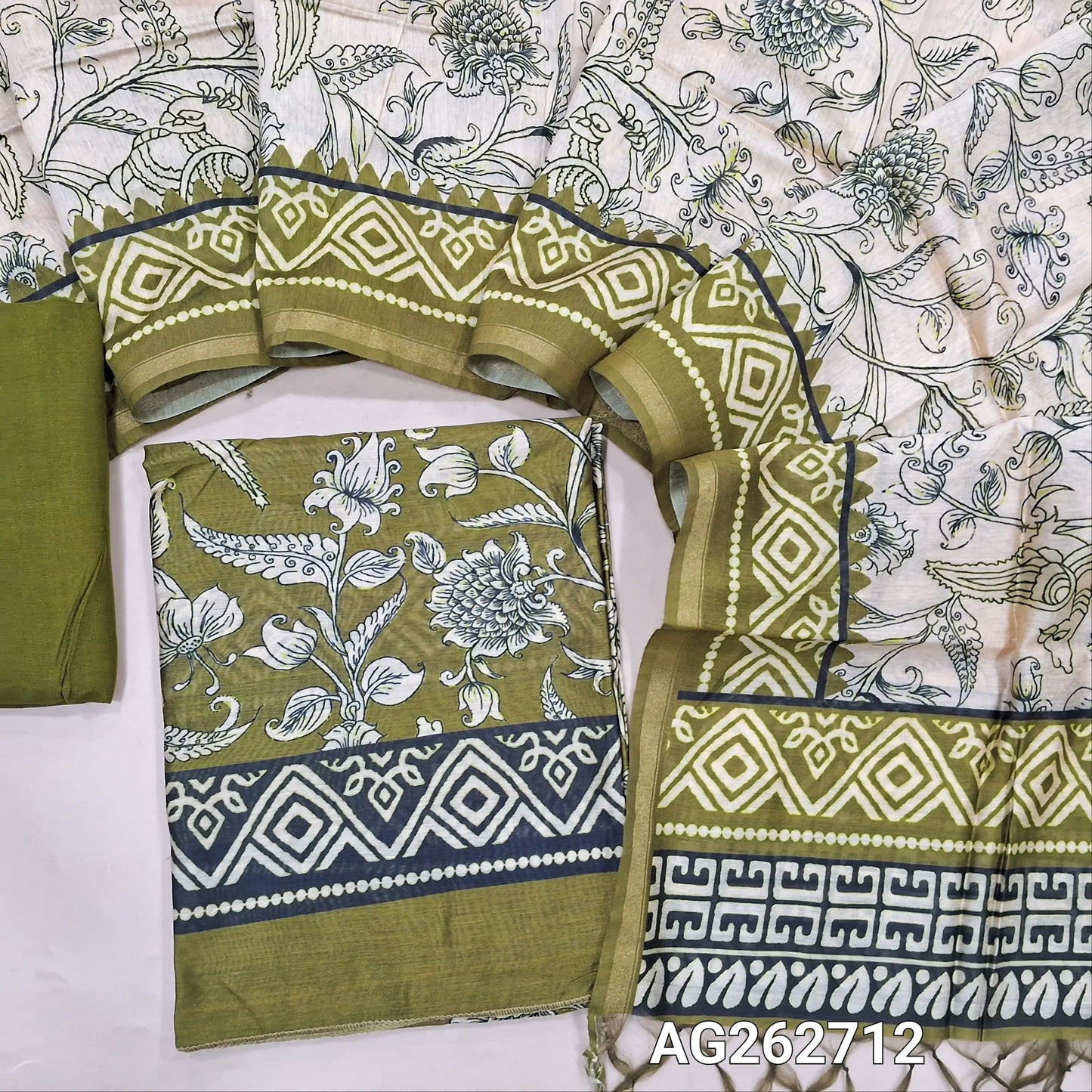 Olive Green digital printed premium chanderi silk cotton unstitched salwar material (Lightweight, Lining Needed) thin tissue borders, matching santoon bottom, digital printed chanderi silk cotton dupatta. AG262712