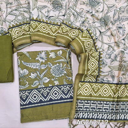 Olive Green digital printed premium chanderi silk cotton unstitched salwar material (Lightweight, Lining Needed) thin tissue borders, matching santoon bottom, digital printed chanderi silk cotton dupatta. AG262712