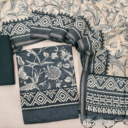 Dark grey digital printed premium chanderi silk cotton unstitched salwar material (Lightweight, Lining Needed) thin tissue borders, matching santoon bottom, digital printed chanderi silk cotton dupatta. AG262713