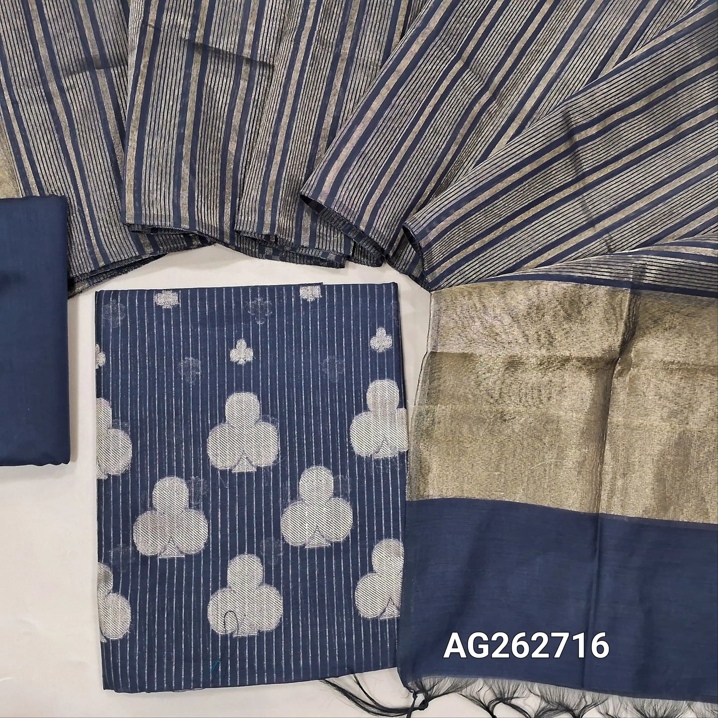 Dark Blue benarasi zari woven silk cotton unstitched salwar material, weaving all over (Lining Needed) matching silk cotton bottom, gold tissue woven dupatta. AG262716