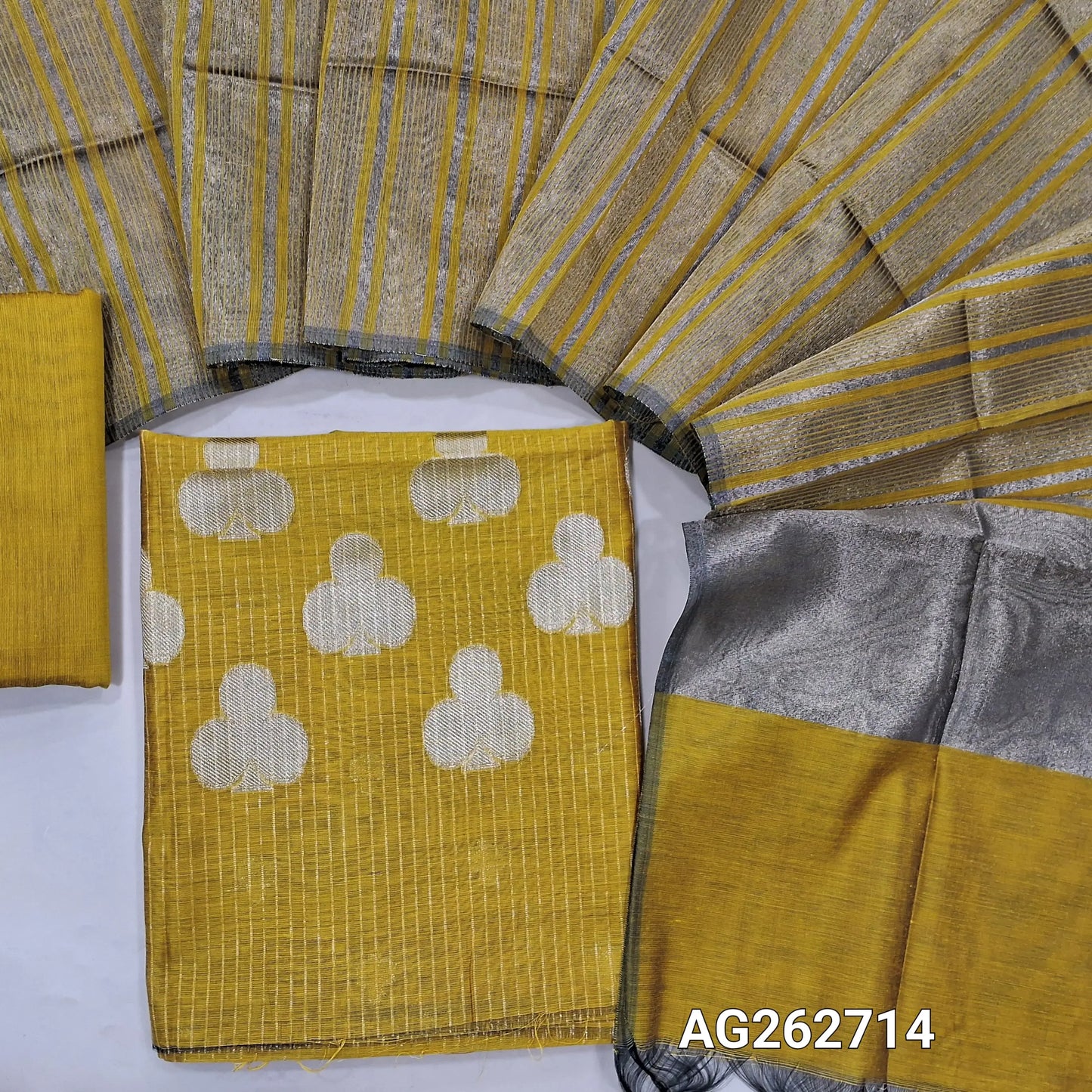 Mehandhi Yellow benarasi zari woven silk cotton unstitched salwar material, weaving all over (Lining Needed) matching silk cotton bottom, gold tissue woven dupatta. AG262714