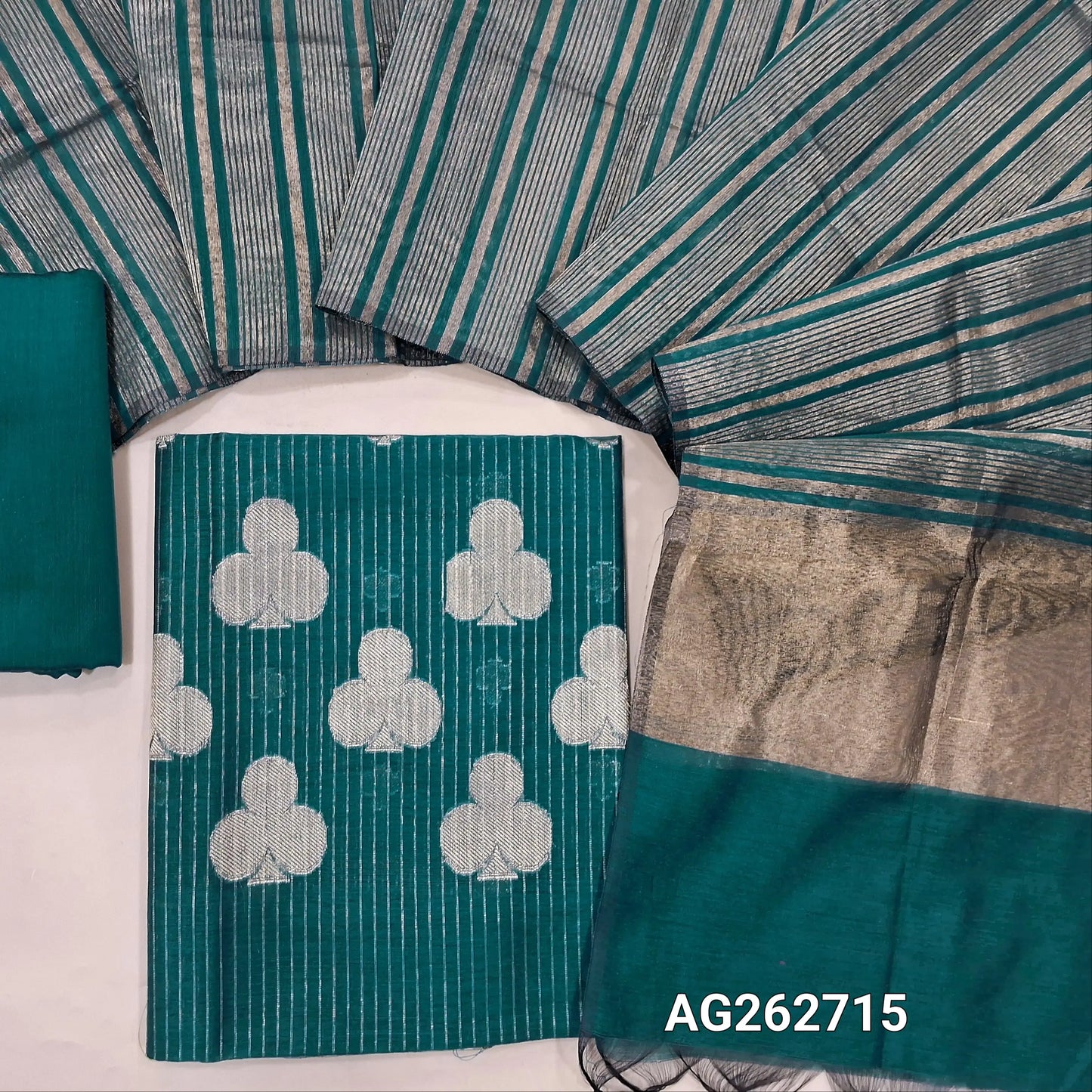 Teal blue benarasi zari woven silk cotton unstitched salwar material, weaving all over (Lining Needed) matching silk cotton bottom, gold tissue woven dupatta. AG262715