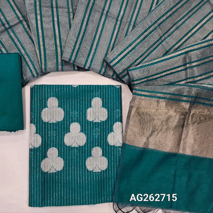 Teal blue benarasi zari woven silk cotton unstitched salwar material, weaving all over (Lining Needed) matching silk cotton bottom, gold tissue woven dupatta. AG262715