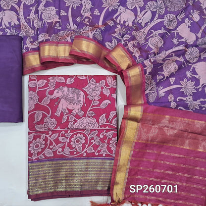 Bright pink and purple digital printed premium silk unstitched salwar material, zari woven daman borders(lining needed)matching silky bottom, digital printed premium silk dupatta. SP260701