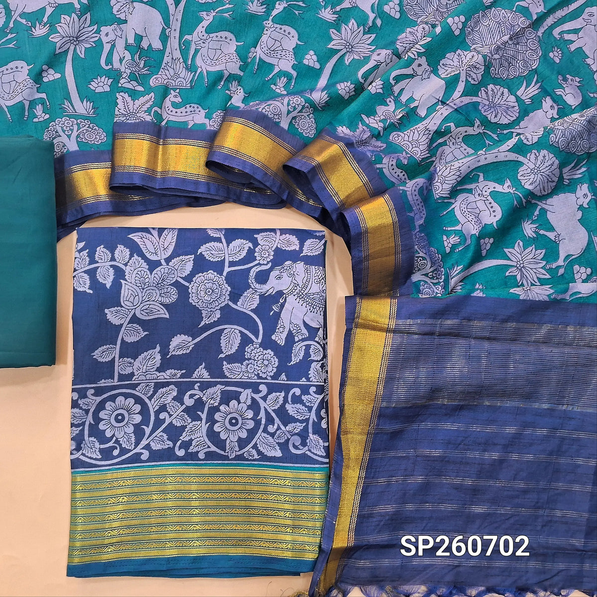 Royal blue and turquoise blue digital printed premium silk unstitched salwar material, zari woven daman borders(lining needed)matching silky bottom, digital printed premium silk dupatta. SP260702