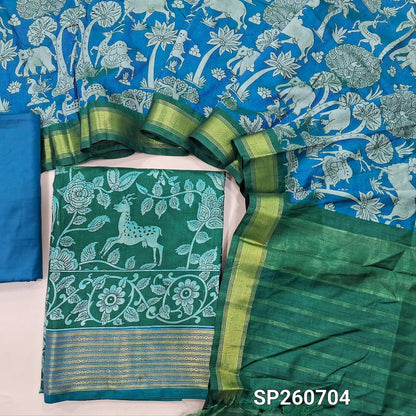 Emerald green and turqoise blue digital printed premium silk unstitched salwar material, zari woven daman borders(lining needed)matching silky bottom, digital printed premium silk dupatta. SP260704