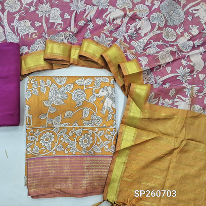 Yellow and pink digital printed premium silk unstitched salwar material, zari woven daman borders(lining needed)matching silky bottom, digital printed premium silk dupatta. SP260703