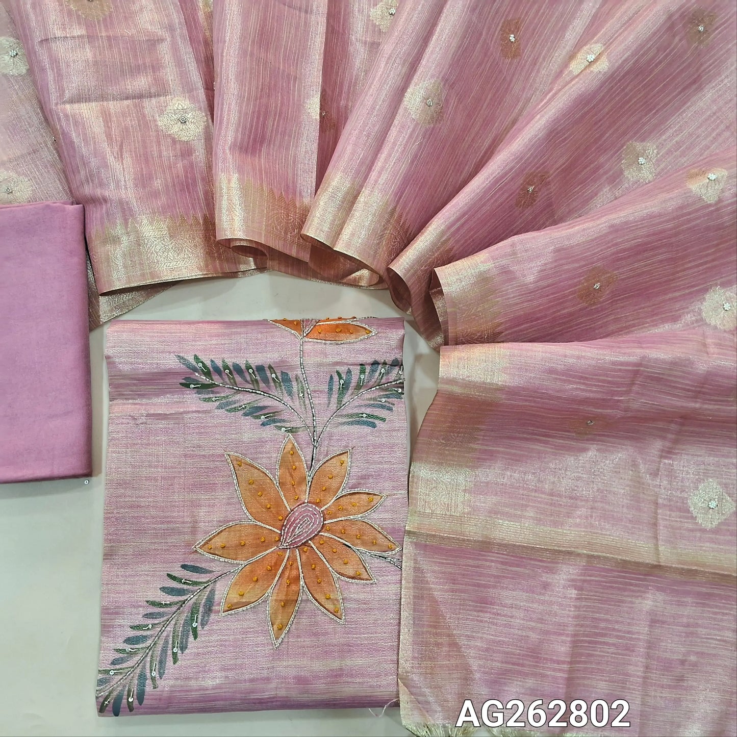 Pastel Pink designer premium tissue silk cotton unstitched salwar material, rich bead work on front (Textured, Lining Needed) Matching santoon bottom, benarasi zari woven tissue silk cotton dupatta with bead work. AG262802