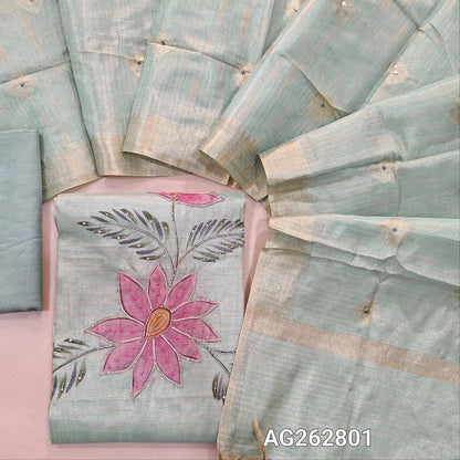 Pastel Green designer premium tissue silk cotton unstitched salwar material, rich bead work on front (Textured, Lining Needed) Matching santoon bottom, benarasi zari woven tissue silk cotton dupatta with bead work. AG262801