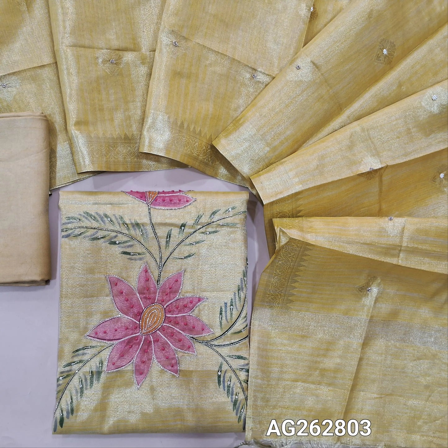 Golden Beige designer premium tissue silk cotton unstitched salwar material, rich bead work on front (Textured, Lining Needed) Matching santoon bottom, benarasi zari woven tissue silk cotton dupatta with bead work. AG262803