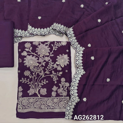 Dark Purple premium russian silk unstitched salwar material with rich benarasi zari weaving all over (Soft, Lining Needed) Matching spun cotton bottom, zari woven soft silk cotton dupatta with scallop edges. AG262812
