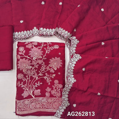 Bright Pink premium russian silk unstitched salwar material with rich benarasi zari weaving all over (Soft, Lining Needed) Matching spun cotton bottom, zari woven soft silk cotton dupatta with scallop edges. AG262813