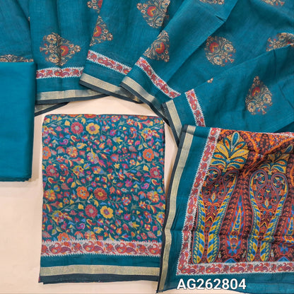 Teal Blue floral printed soft silk cotton unstitched salwar material, tissue borders on daman (Lining Needed) Matching spun cotton bottom, digital printed soft silk cotton dupatta with borders. AG262804