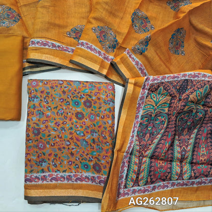 Mehandhi yellow floral printed soft silk cotton unstitched salwar material, tissue borders on daman (Lining Needed) Matching spun cotton bottom, digital printed soft silk cotton dupatta with borders. AG262807