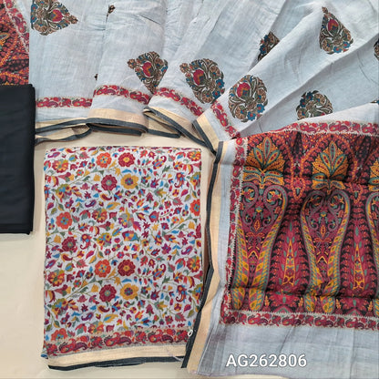Half White floral printed soft silk cotton unstitched salwar material, tissue borders on daman (Lining Needed) Matching spun cotton bottom, digital printed soft silk cotton dupatta with borders. AG262806
