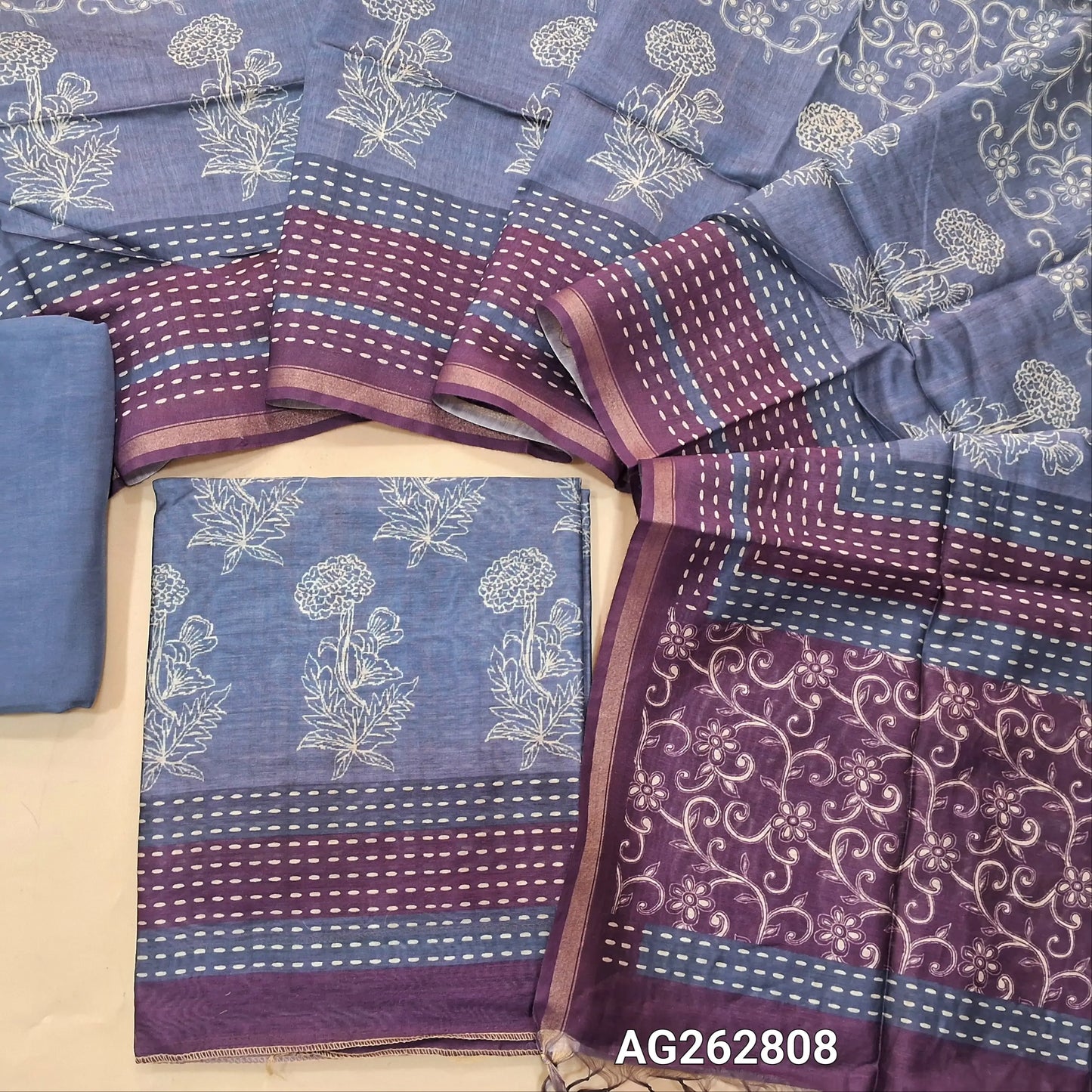 Greyish Purple digital printed premium chanderi silk cotton unstitched salwar material (Lightweight, Lining Needed) gold tissue borders, Matching santoon bottom, digital printed chanderi silk cotton dupatta. AG262808