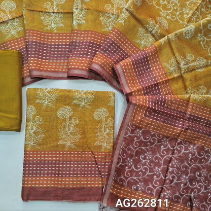 Mehandhi yellow digital printed premium chanderi silk cotton unstitched salwar material (Lightweight, Lining Needed) gold tissue borders, Matching santoon bottom, digital printed chanderi silk cotton dupatta. AG262811