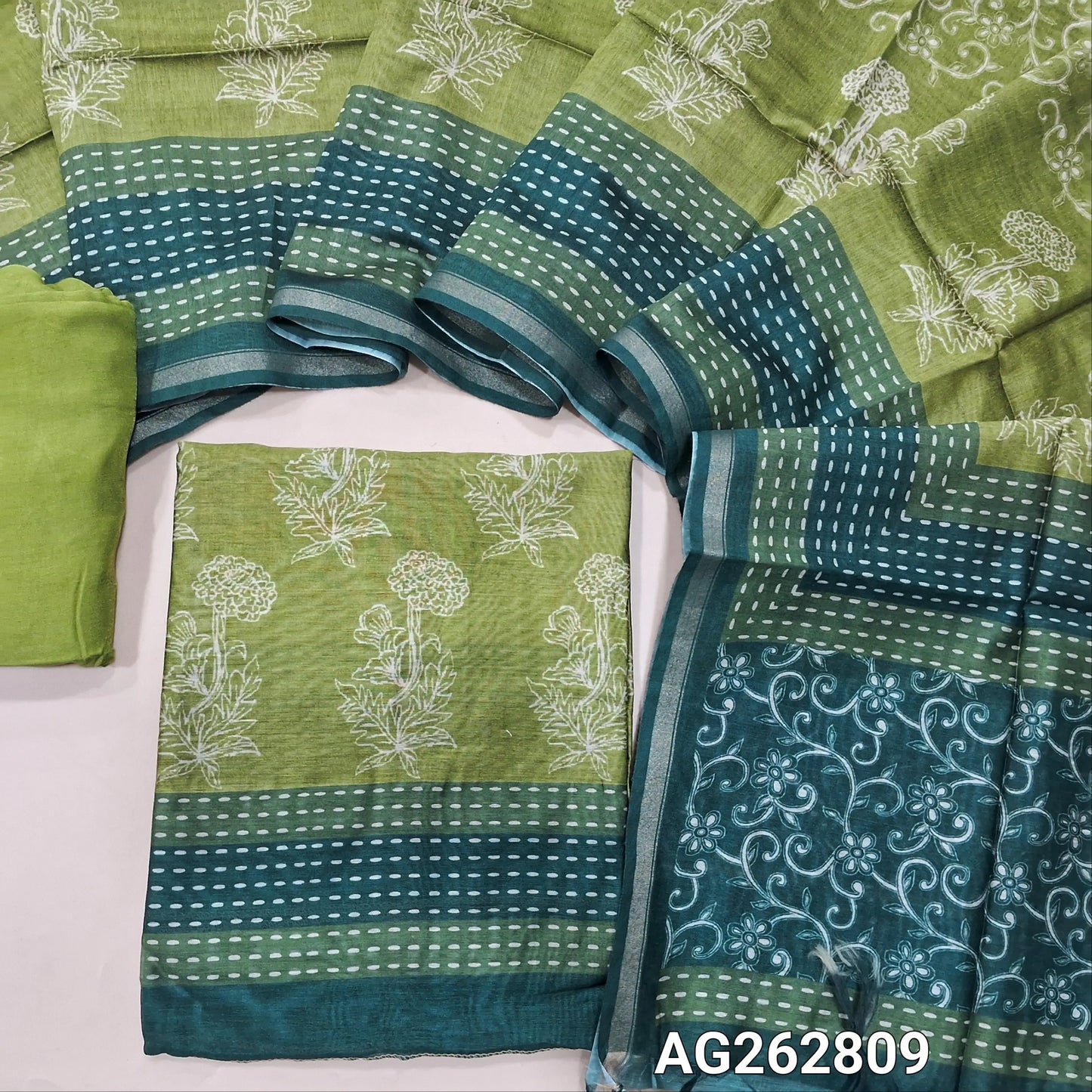 Pastel Green digital printed premium chanderi silk cotton unstitched salwar material (Lightweight, Lining Needed) gold tissue borders, Matching santoon bottom, digital printed chanderi silk cotton dupatta. AG262809